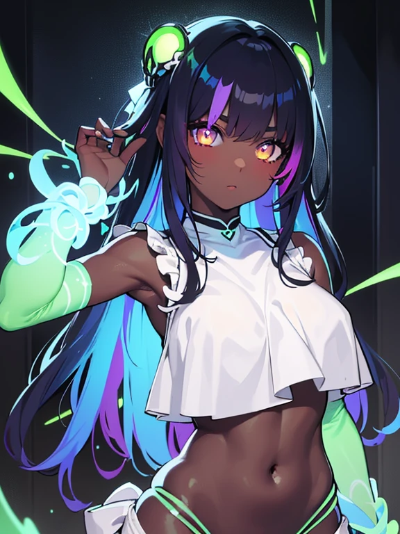 (masterpiece, high quality, high resolution, absurd, super detailed, High saturation、8k),real:1.5,solo,(bikini),cute face,neat and clean、house wife、sexy、dark skin、oil skin、glowing eyes、fluorescence hair,(colorful fluorescence hair:1.5)、 ,colorful