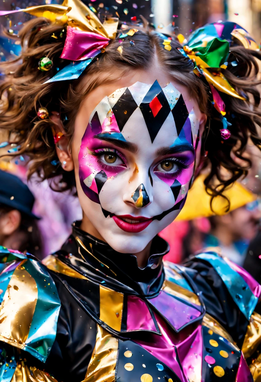 llumination metallic gratescape fantasy land adorable darling dancing harlequin throwing confetti in a confetti filled parade with mesmerizing hazel eyes, showered in confetti branded welding, ultradetailed, fine-tuned realism, eccentric glass, astrophotography, IMAX