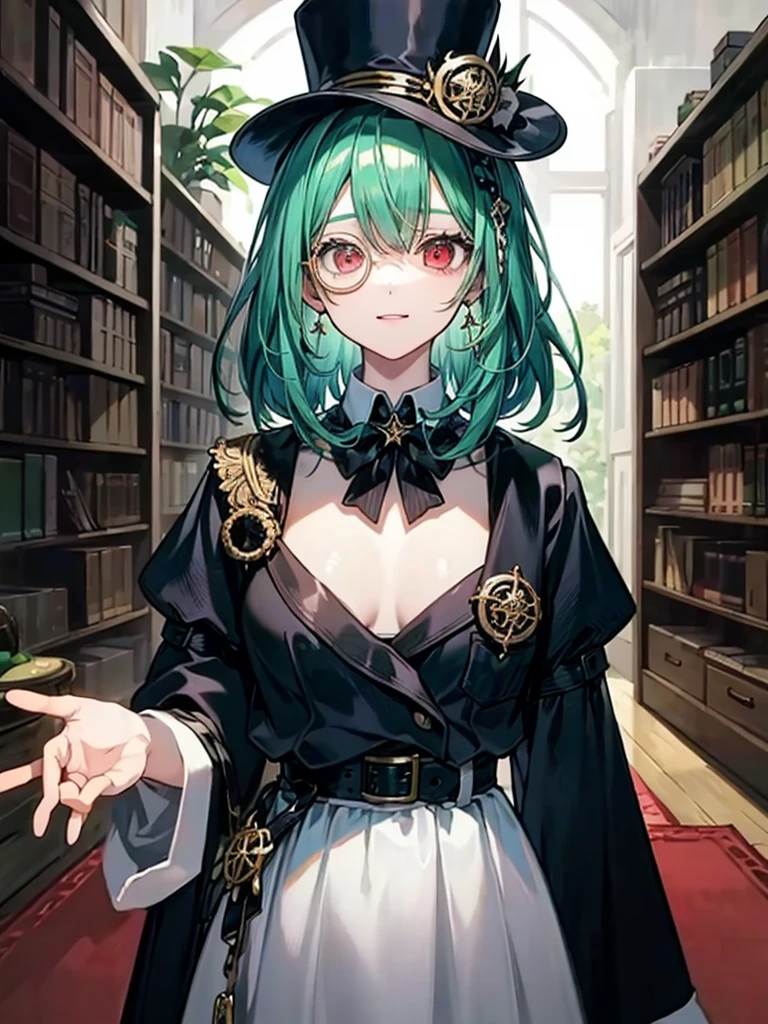 （（（masterpiece、Highest image quality、highest quality、highly detailed unity 8ｋwallpaper）））、（（Illustration of one girl、upper body））、（（（beautiful girl）））、（librarian）、（Emerald green hair、messy hair、sidelocks：1.2、red eyes、crazy smile）、（（（flat chest）））、（（（monocle）））、pocket watch、（（（Black top hat、Black tuxedo、belt）））、great medieval library、Large amount of books