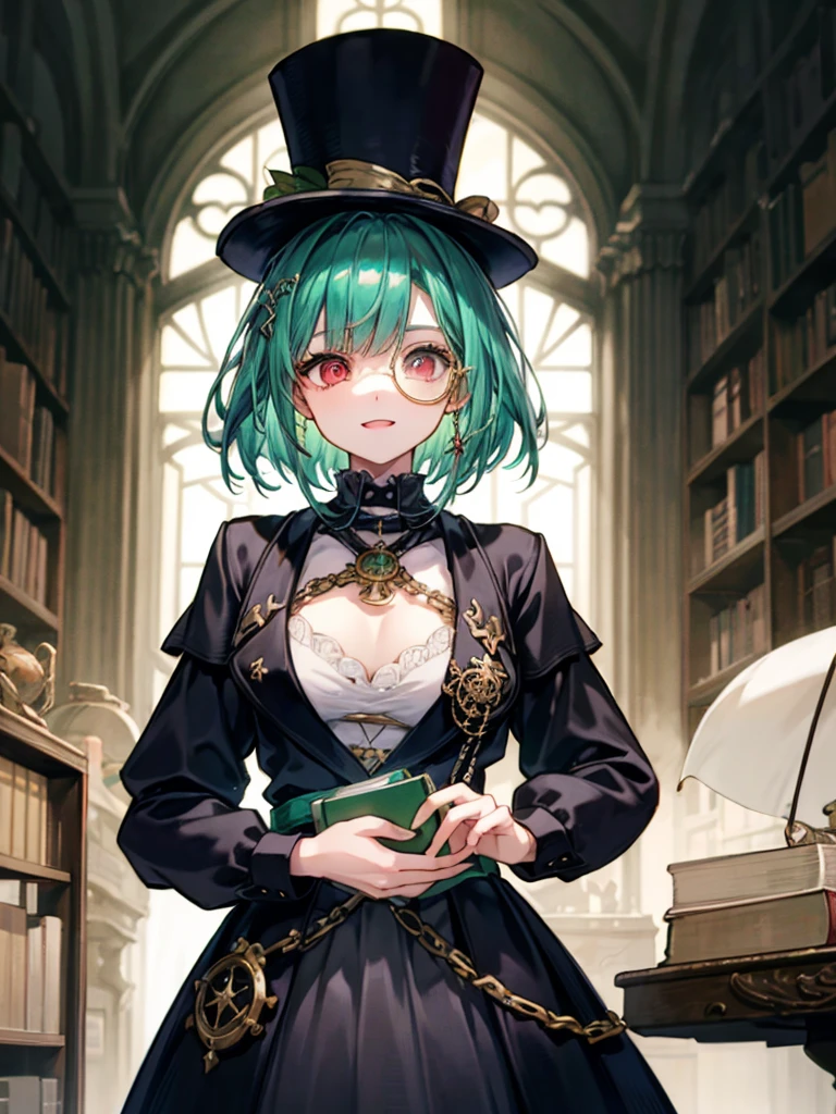 (((masterpiece、Highest image quality、highest quality、highly detailed unity 8kwallpaper)))、((Illustration of one girl、upper body))、(((beautiful girl)))、(librarian)、(Emerald green hair、messy hair、sidelocks:1.2、red eyes、crazy smile)、(((flat chest)))、(((monocle)))、pocket watch、(((Black top hat、Black tuxedo、belt)))、great medieval library、Large amount of books