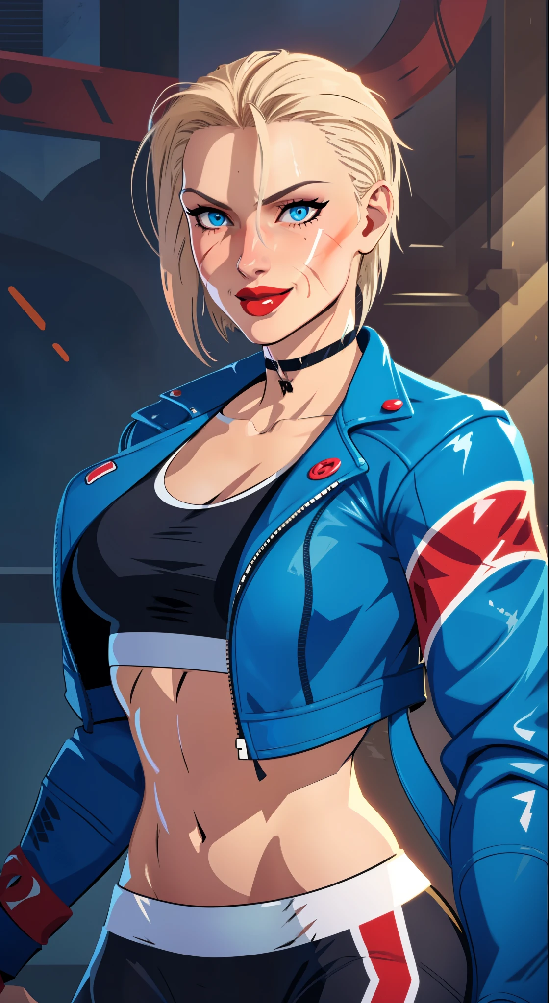 (((illustration))) portrait  cammy_white , cammy sf6,1girl ,solo ,  bang , scar on cheek ,blonde hair , blue eyes, short hair, sports bra, jacket , yoga pant, looking at viewer, upper body ,blush , smile , happy , red lipstick,  veins, beautiful face, full lips, slim face, high cheekbones, muscular, (((in vector style)))