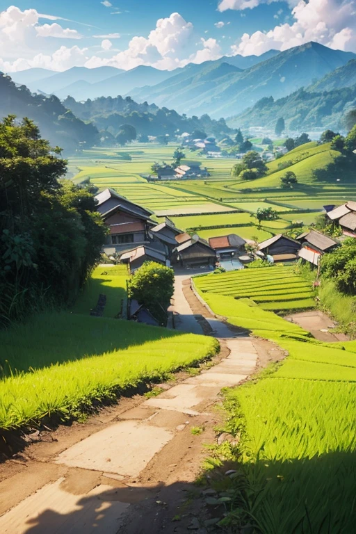 View of high hills and a mountain, Indonesian village streets, There are rice fields at the bottom of the hill, someone is picking up rice in the rice fields, morning sky, Realistic lighting, rural areas in the hills, and there are several forests.