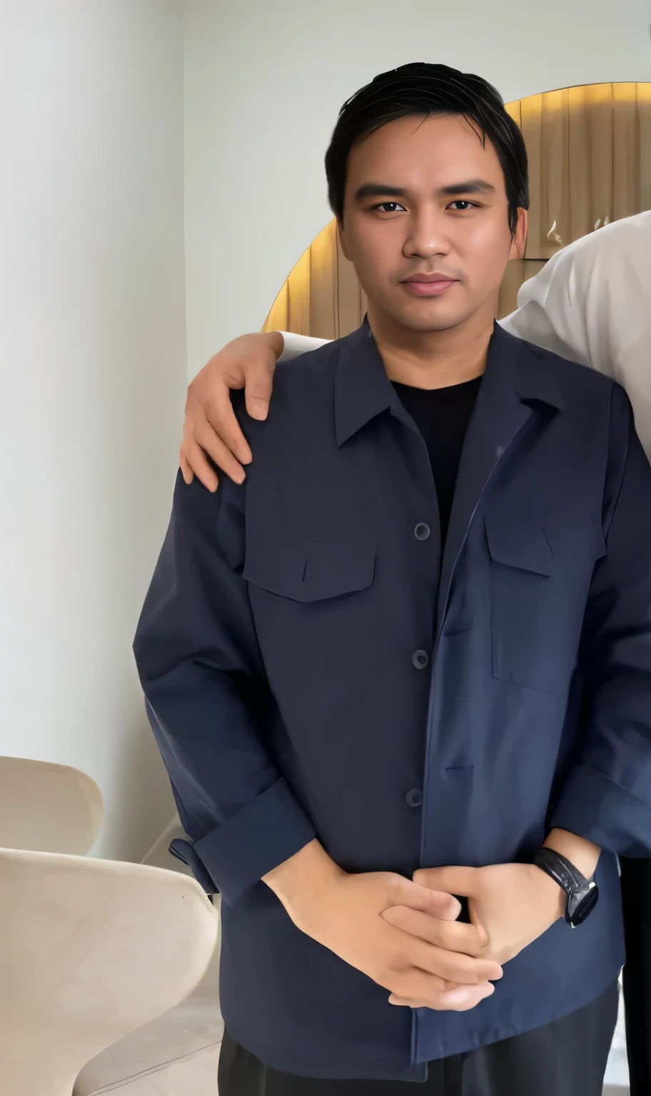 there are two men standing next to each other in a room, khyzyl saleem, wearing rr diner uniform, taken in the early 2020s, work clothes, wearing blue jacket, profile shot, wearing a blue jacket, wearing jacket, wearing a fisher 🧥, ramil sunga, working clothes, with two front pockets