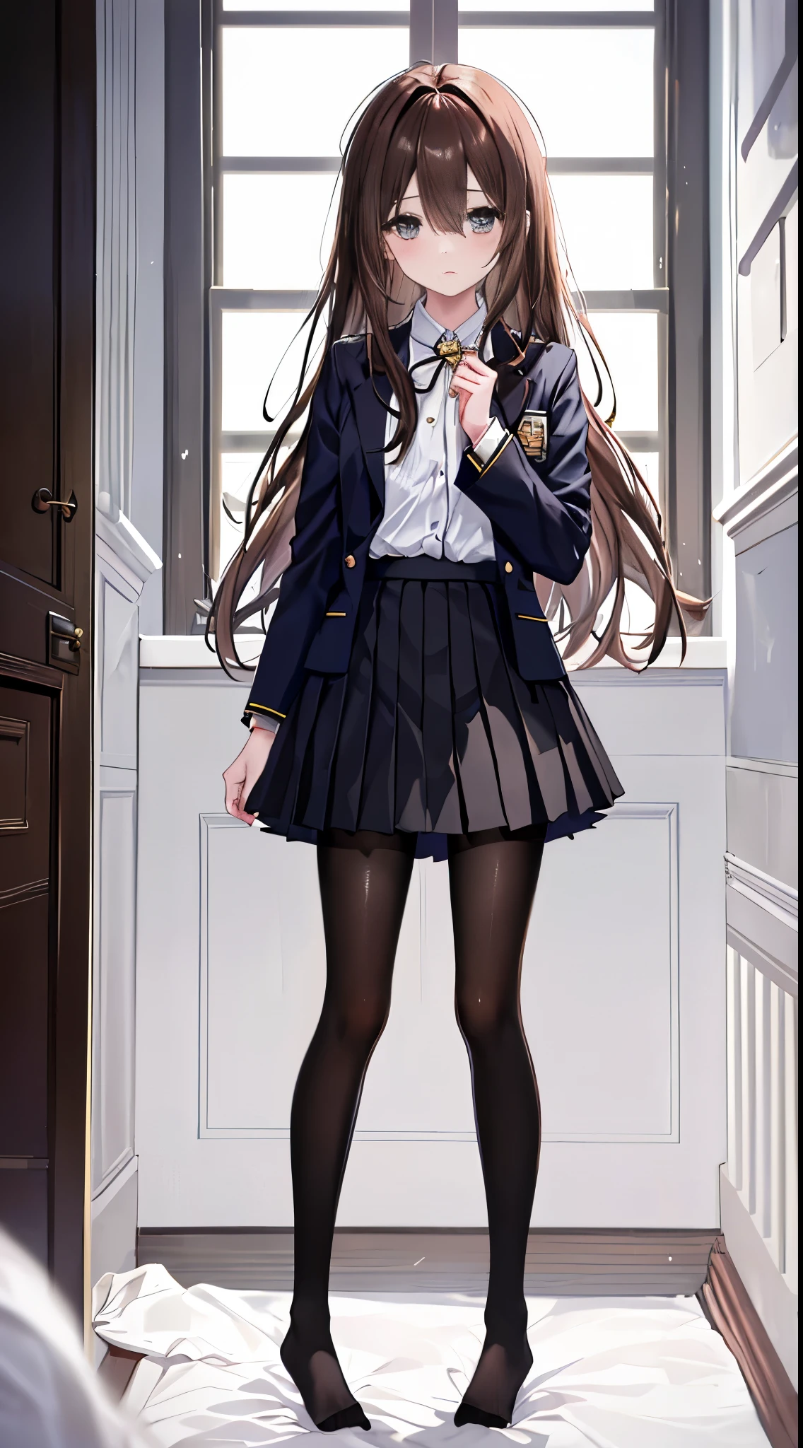 finest, masterpiece, High resolution, (Full body view from head to toe), front, frontやや下からの構図, Symmetrical, 18 year old girl, alone, (whole body from head to toe), small breasts, brown hair, slightly messy hair, long hair, bangs, (black tights), ( (black pantyhose), black pantyhose, (squating pose), show me your white panties, slender beautiful legs, とても美しい18 year old girl, (not wearing shoes), blush, shy big eyes, messy hair, looking at camera, show me your white panties, Blazer uniform appearance、Checkered pleated skirt、Pure white underwear