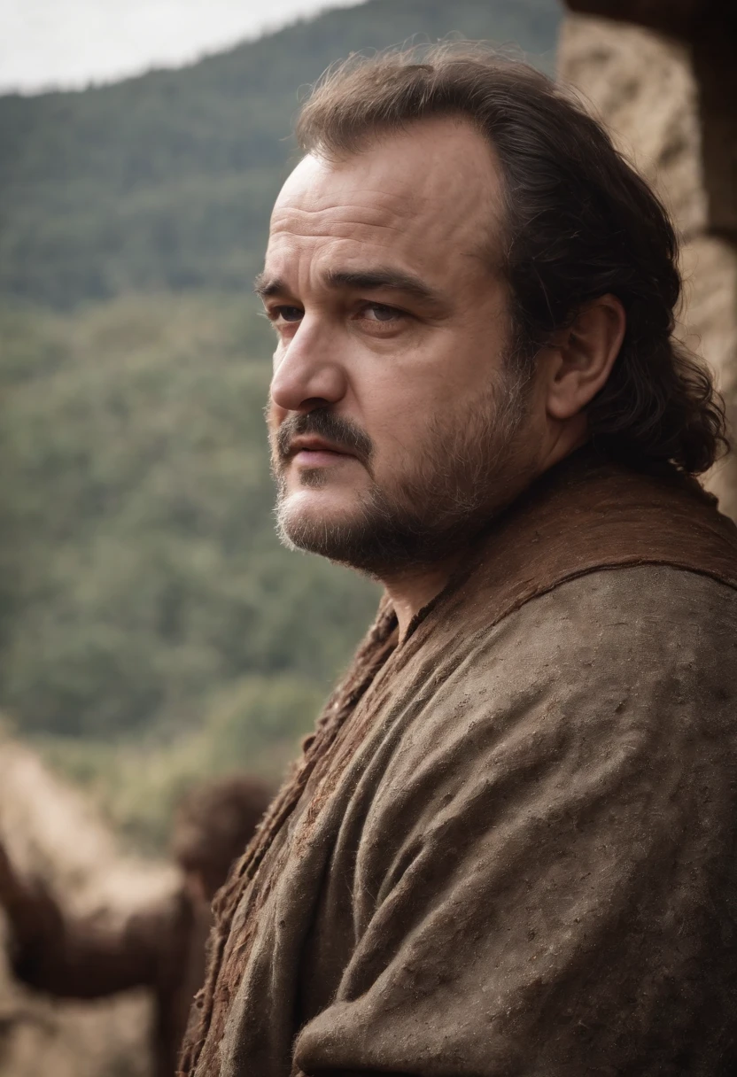 a rugged man、John Belushi、Crusty face、Profile of a man with his arms crossed、Cinematic cinematic pictures、Clothing in medieval times、indoor