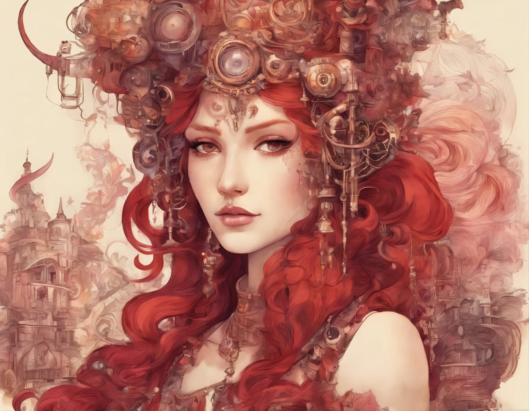Un traîneau circule entre 5 mondes et un Teint clair, une Fille de environ 9 ans, cheveux roses steampunks, Yeux violets distinctifs, porter une tenue futuriste , mince et gracieux, beau, Aux chandelles dans un décor médiéval, Mise au point ultra nette, tir réaliste, vêtements féminins de travaux, couleurs rouges briques