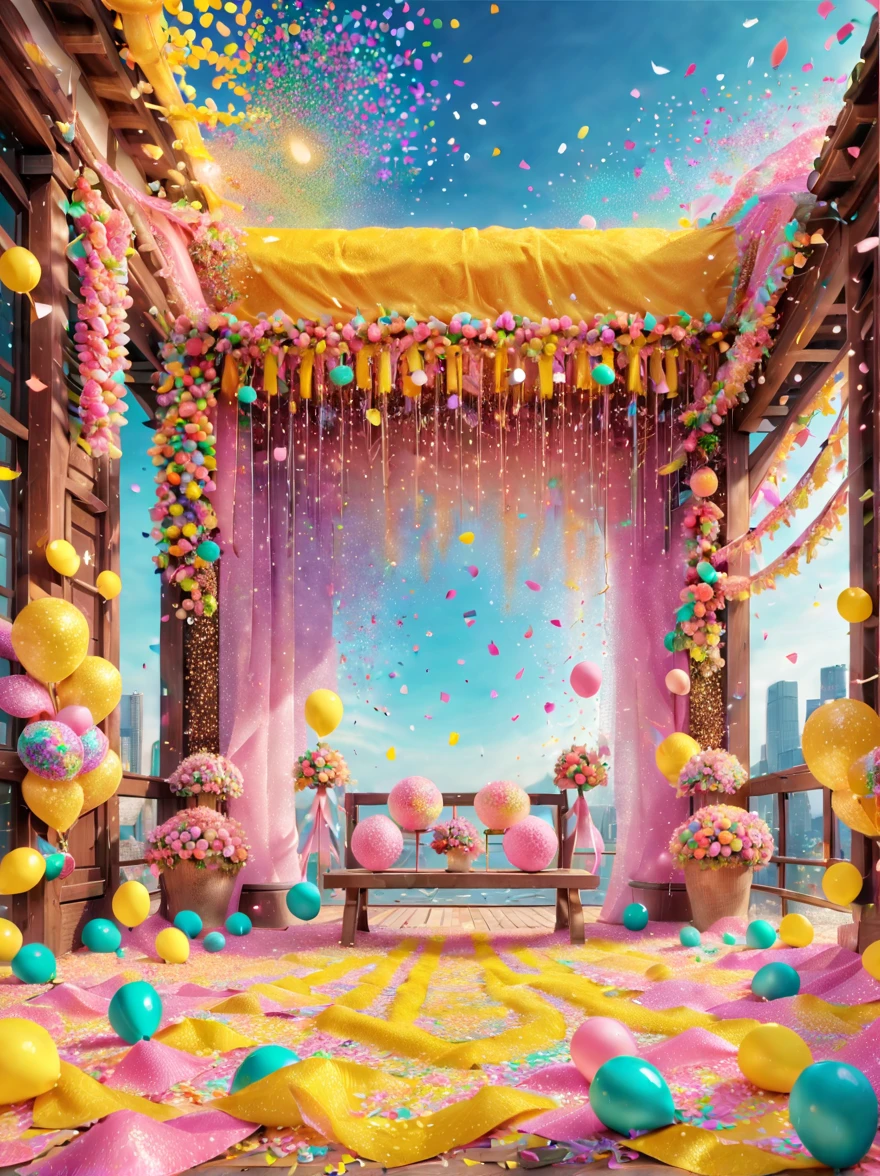 五颜六色的五彩Confetti在阳光下飘落,在Wedding celebrations上,五彩Confetti下雨,soft的灯光,五颜六色的Confetti漂浮,五彩Confetti飞扬,Festive decorations,spring,bright,bright colors,kudos,Wedding celebrations,soft,Confetti,soft的色彩,(best quality,8k,high resolution,masterpiece) ,Super detailed