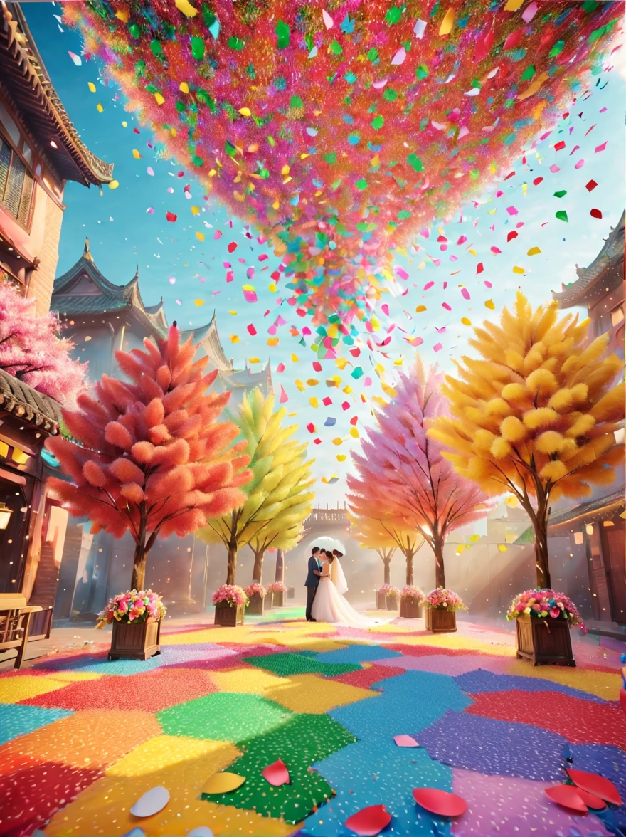 五颜六色的五彩Confetti在阳光下飘落,在Wedding celebrations上,五彩Confetti下雨,soft的灯光,五颜六色的Confetti漂浮,五彩Confetti飞扬,Festive decorations,spring,bright,bright colors,kudos,Wedding celebrations,soft,Confetti,soft的色彩,(best quality,8k,high resolution,masterpiece) ,Super detailed