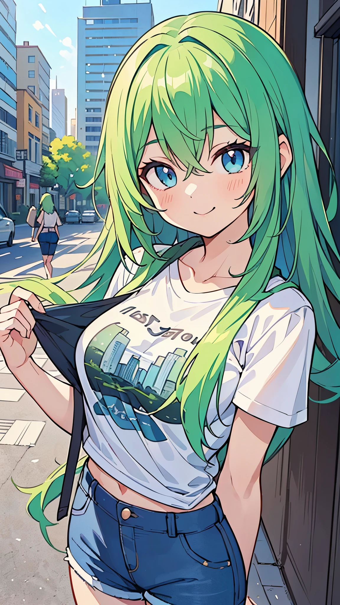 ((A Pretty girl with green hair and blue eyes)), ((Wearing T-shirt and hot pants)),  Baby face, ((master piece, top-quality, ultra-definition, high resolution)), anime girl, ((ultra-detailed illust:1.2)), only one person, bangs, hair between eye, beautiful hair, Beautiful eyes, Medium breasts, Big smile, ((cityscape))