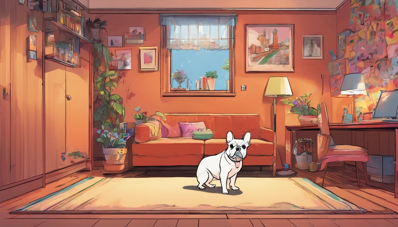 8k、high resolution、LO-FI、dog、French Bulldog、room、sitting