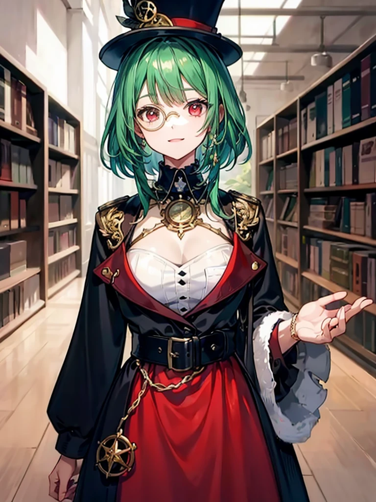 (((masterpiece、Highest image quality、highest quality、highly detailed unity 8kwallpaper)))、((Illustration of one girl、upper body))、(((beautiful girl)))、(librarian)、(Emerald green hair、messy hair、sidelocks:1.2、red eyes、crazy smile)、(((flat chest)))、(((monocle)))、pocket watch、(((Black top hat、Black tuxedo、belt)))、great medieval library、Large amount of books