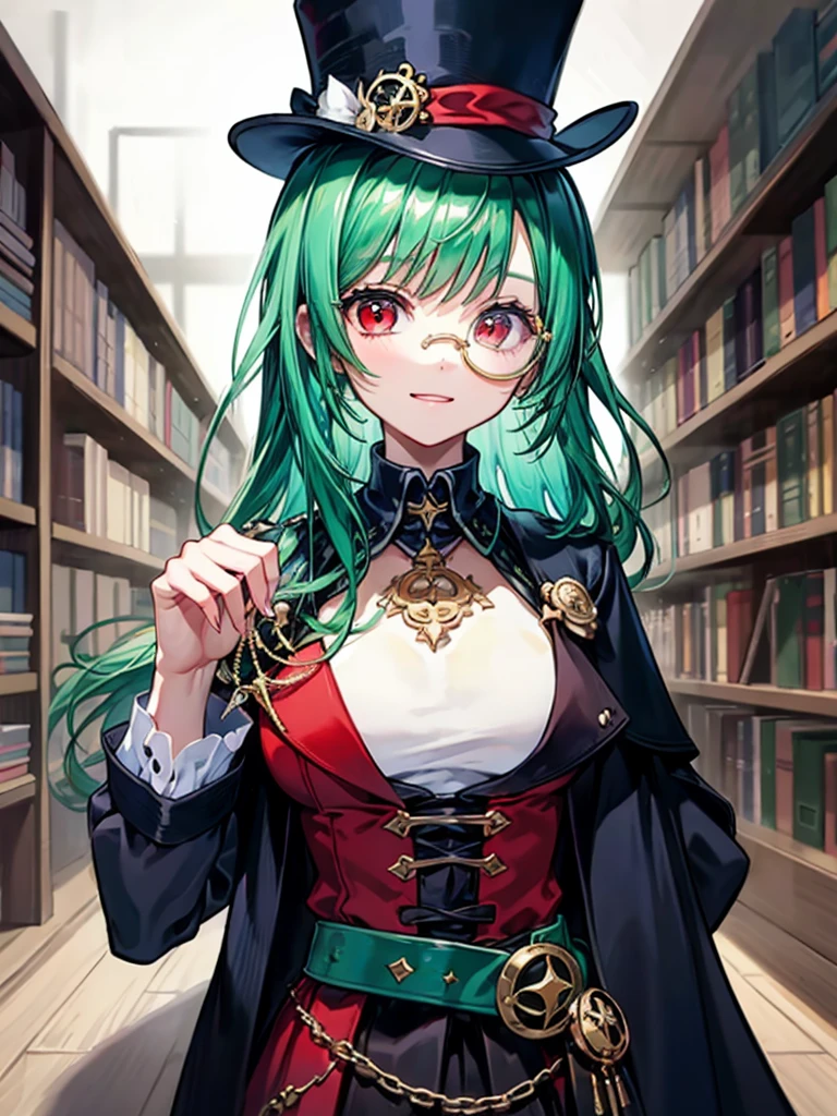 (((masterpiece、Highest image quality、highest quality、highly detailed unity 8kwallpaper)))、((Illustration of one girl、upper body))、(((beautiful girl)))、(librarian)、(Emerald green hair、messy hair、sidelocks:1.2、red eyes、crazy smile)、(((flat chest)))、(((monocle)))、pocket watch、(((Black top hat、Black tuxedo、belt)))、great medieval library、Large amount of books