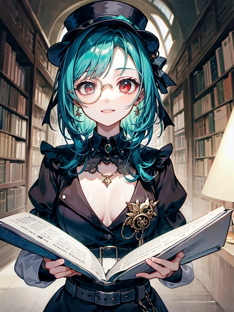 （（（masterpiece、Highest image quality、highest quality、highly detailed unity 8ｋwallpaper）））、（（Illustration of one girl、upper body））、（（（beautiful girl）））、（librarian）、（Emerald green hair、messy hair、sidelocks：1.2、red eyes、crazy smile）、（（（flat chest）））、（（（monocle）））、pocket watch、（（（Black top hat、Black tuxedo、belt）））、great medieval library、Large amount of books