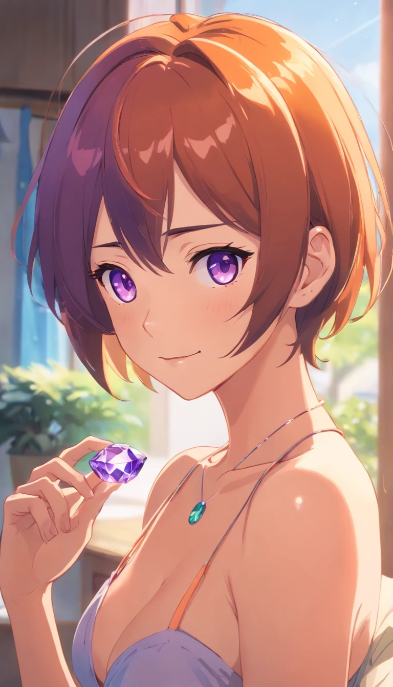 A woman whose image color is orange,big breasts,shirtless woman,Purple eyes shining with gemstones,[embarrassed look:1.5]，smile,Look up at your head，beautiful eyes，Cute faces in anime，Orange short bob hair,hands behind head,Stylish room,8k images