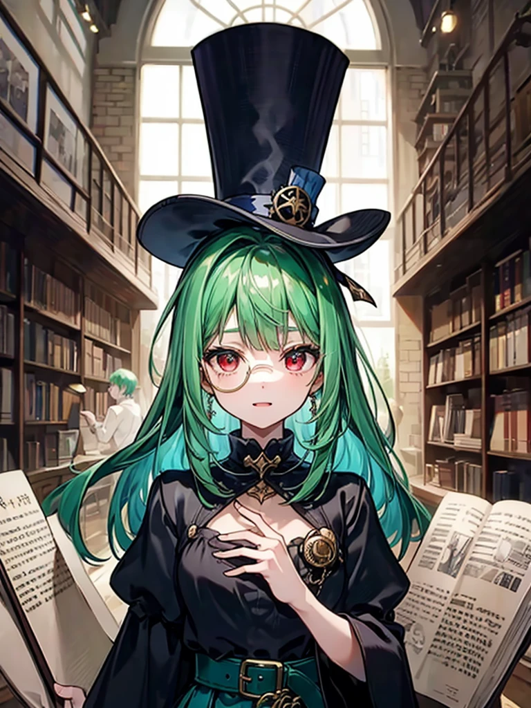 （（（masterpiece、Highest image quality、highest quality、highly detailed unity 8ｋwallpaper）））、（（Illustration of one girl、upper body））、（（（beautiful girl）））、（librarian）、（Emerald green hair、messy hair、sidelocks：1.2、red eyes、crazy smile）、（（（flat chest）））、（（（monocle）））、pocket watch、（（（Black top hat、Black tuxedo、belt）））、great medieval library、Large amount of books