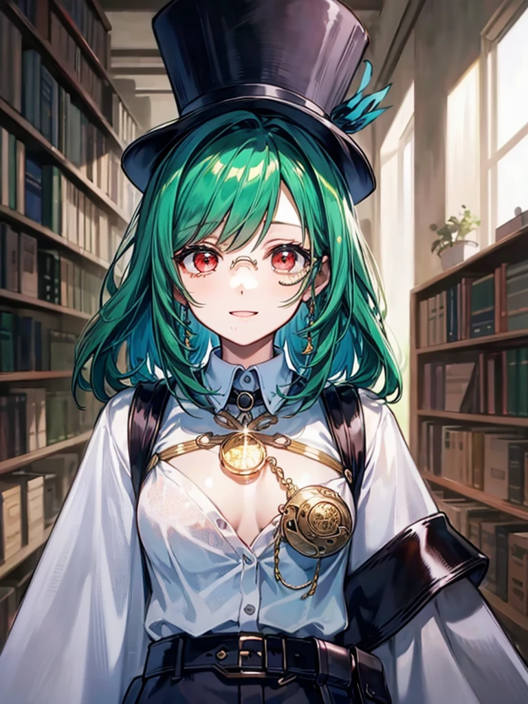（（（masterpiece、Highest image quality、highest quality、highly detailed unity 8ｋwallpaper）））、（（Illustration of one girl、upper body））、（（（beautiful girl）））、（librarian）、（Emerald green hair、messy hair、sidelocks：1.2、red eyes、crazy smile）、（（（flat chest）））、（（（monocle）））、pocket watch、（（（Black top hat、Black tuxedo、belt）））、great medieval library、Large amount of books