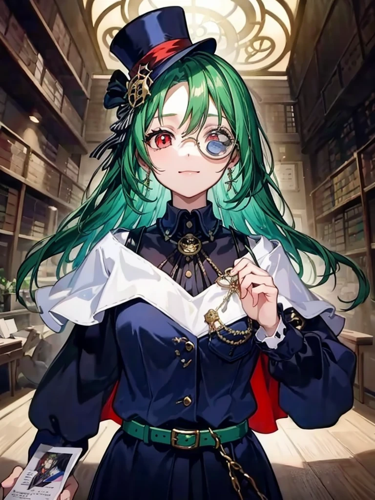 (((masterpiece、Highest image quality、highest quality、highly detailed unity 8kwallpaper)))、((Illustration of one girl、upper body))、(((beautiful girl)))、(librarian)、(Emerald green hair、messy hair、sidelocks:1.2、red eyes、crazy smile)、(((flat chest)))、(((monocle)))、pocket watch、(((Black top hat、Black tuxedo、belt)))、great medieval library、Large amount of books