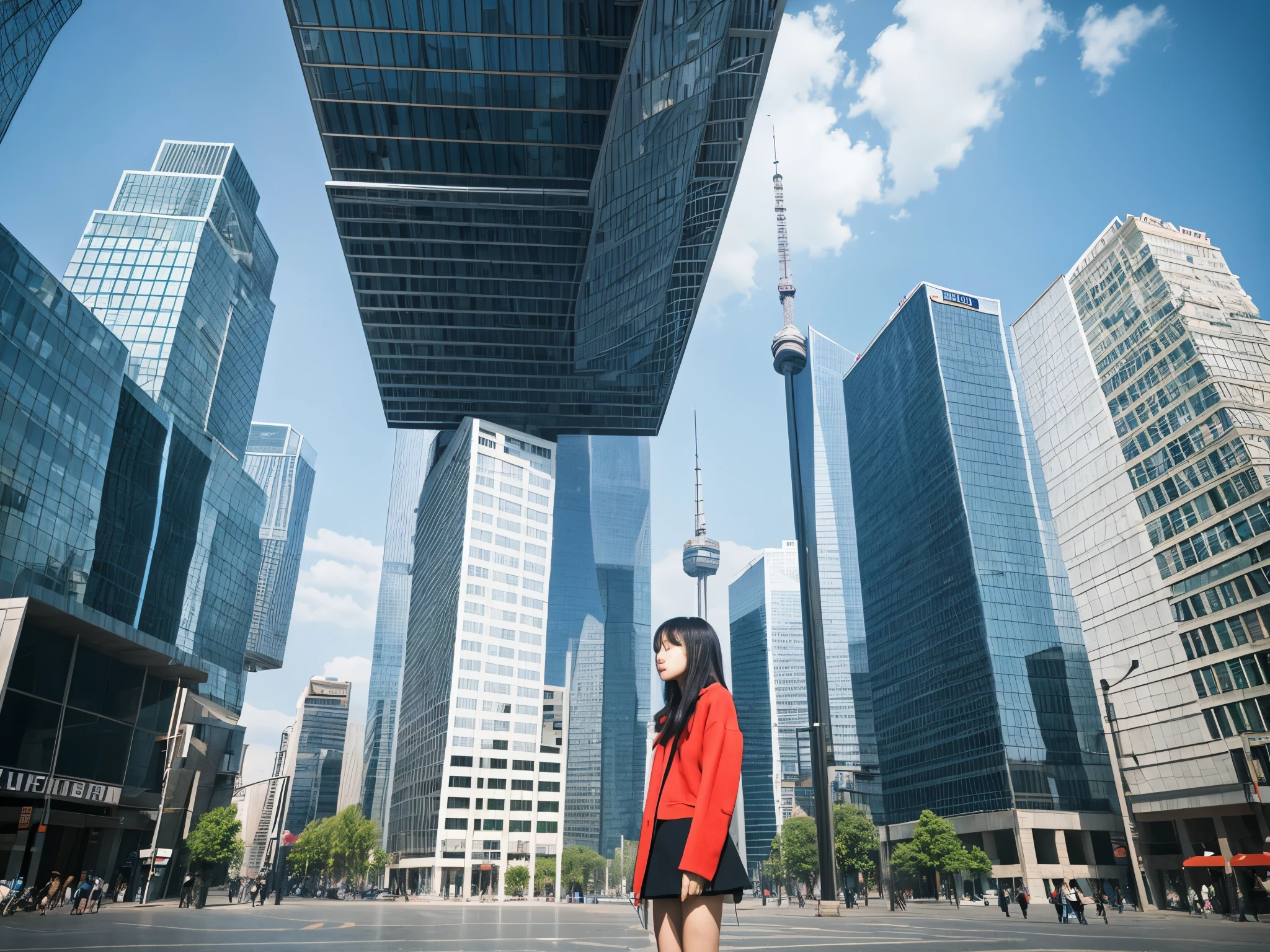 Square with rectangular uneven floor, tall cubic tower in front, uneven, future space, girl stands bewildered, high resolution image