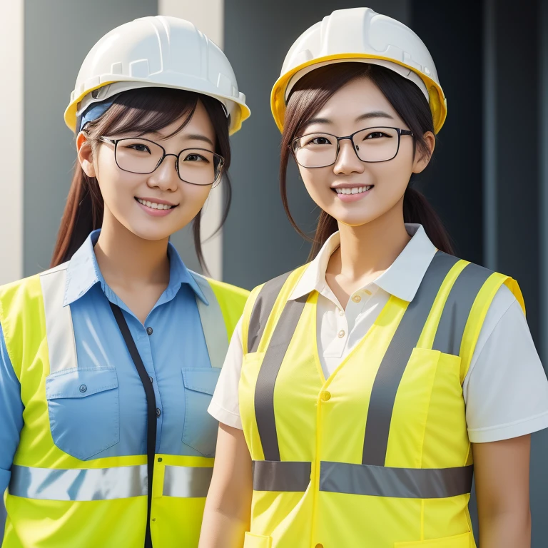young architect worker, korean woman, Half-body professional ID photo, white transparant background,well-illuminated, Wearing safety vest, yellow hard hats,smile, glasses, shirt, realistic photo