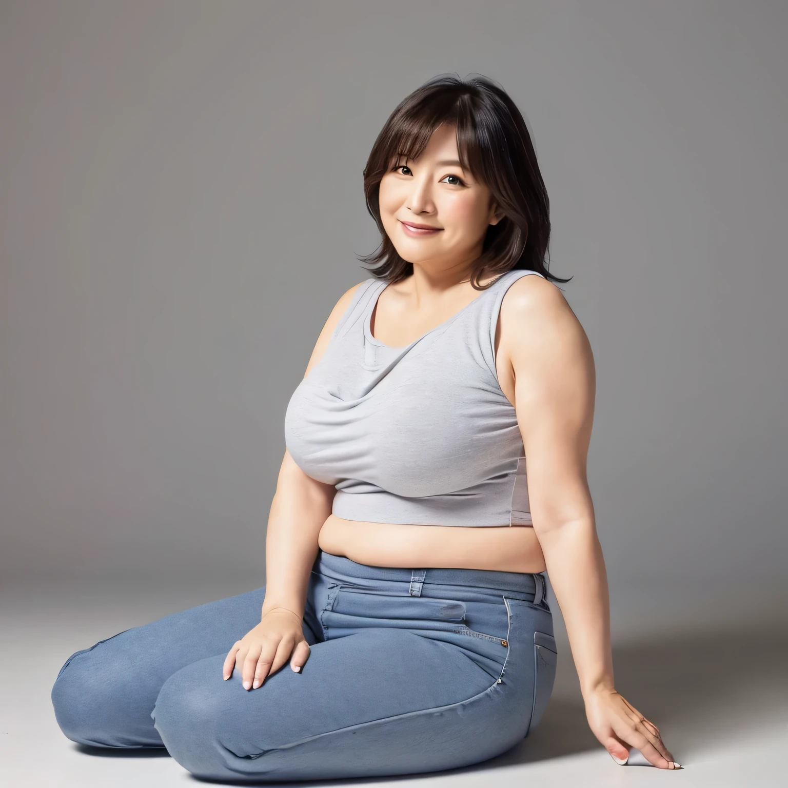 japanese woman, Chubby, BMI 29, 55 years old, whole body, sitting with hands behind her back, beautiful, I used to be an idol, big breasts, Navel Show, Sloppy figure, bulky stomach, beautiful legs, I'm wearing a gray half T-shirt and gray panties., glowing skin, shining eyes, white background,masterpiece