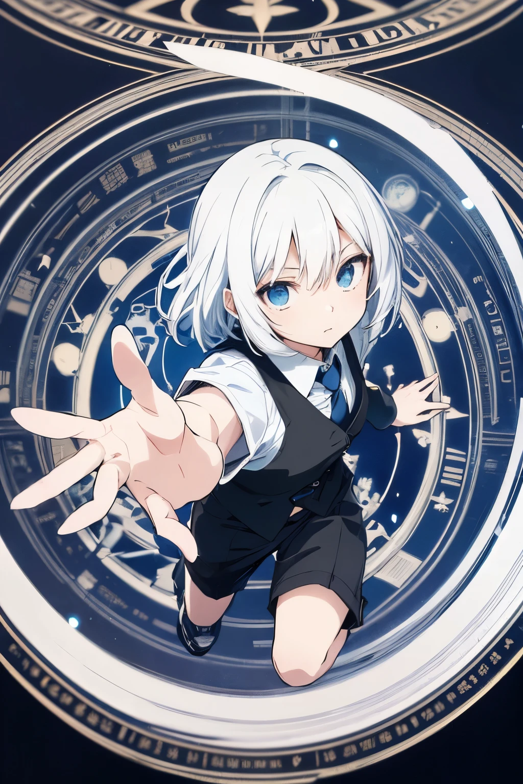 white hair, medium hair,Tsurime,Blue eyes,black coat, White collared shirt,black collared vest, Black shorts, Transparent diagram,anime, anime style, character chart, masterpiece, best quality, highres, high details, anatomically correct, ccurate, UHD