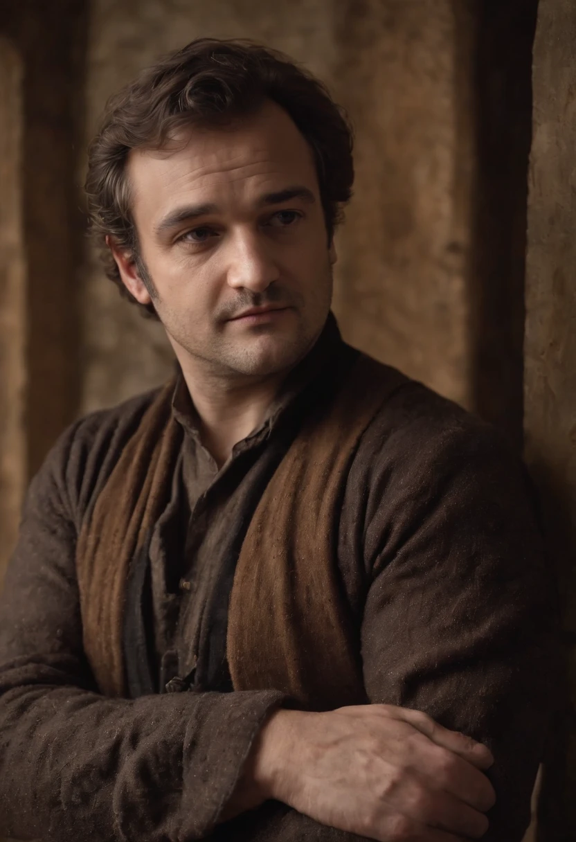 A rugged man folds his arms、John Belushi、Crusty face、Profile of a man with his arms crossed、Cinematic cinematic pictures、Clothing in medieval times、indoor