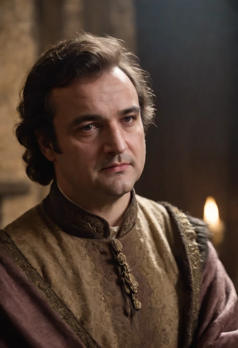 A rugged man folds his arms、John Belushi、Crusty face、Profile of a man with his arms crossed、Cinematic cinematic pictures、Clothing in medieval times、indoor