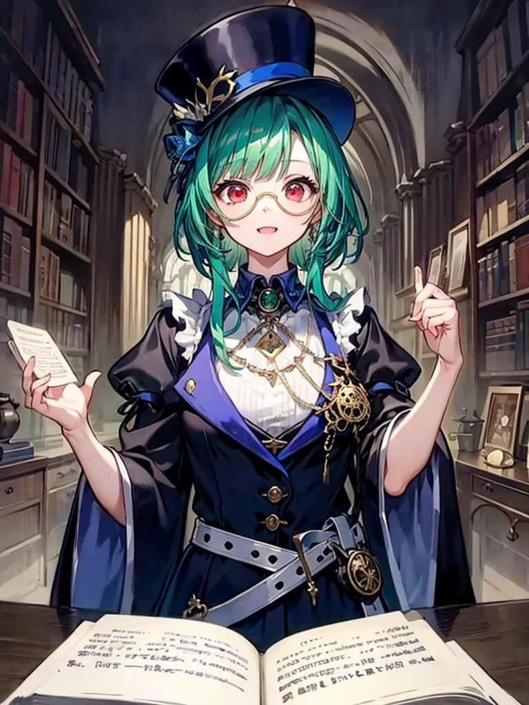 （（（masterpiece、Highest image quality、highest quality、highly detailed unity 8ｋwallpaper）））、（（Illustration of one girl、upper body））、（（（beautiful girl）））、（librarian）、（Emerald green hair、messy hair、sidelocks：1.2、red eyes、crazy smile）、（（（flat chest）））、（（（monocle）））、pocket watch、（（（Black top hat、Black tuxedo、belt）））、great medieval library、Large amount of books