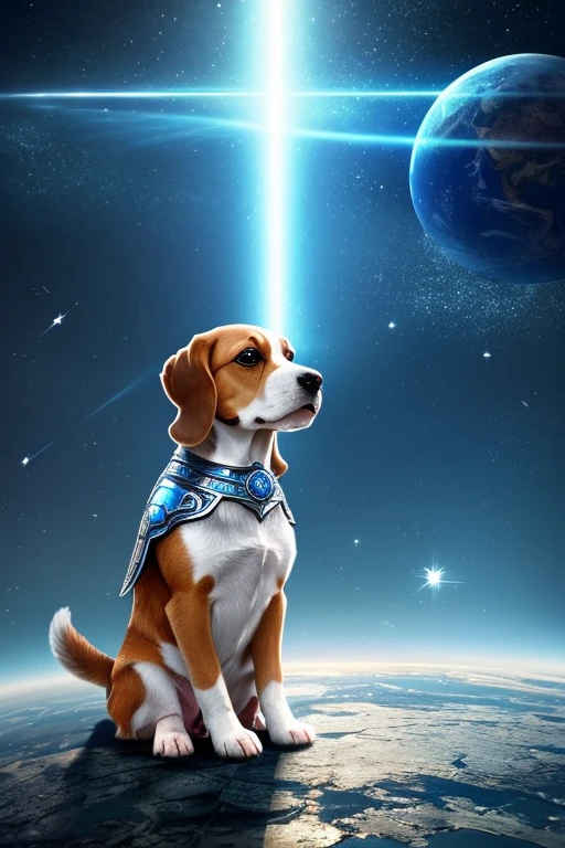 A cute beagle，Wearing silver exquisite armor，Sitting on the planet waiting for the return of the master，A beam of blue light shines on the planet。Below is a prosperous future city，Sense of space、sense of technology