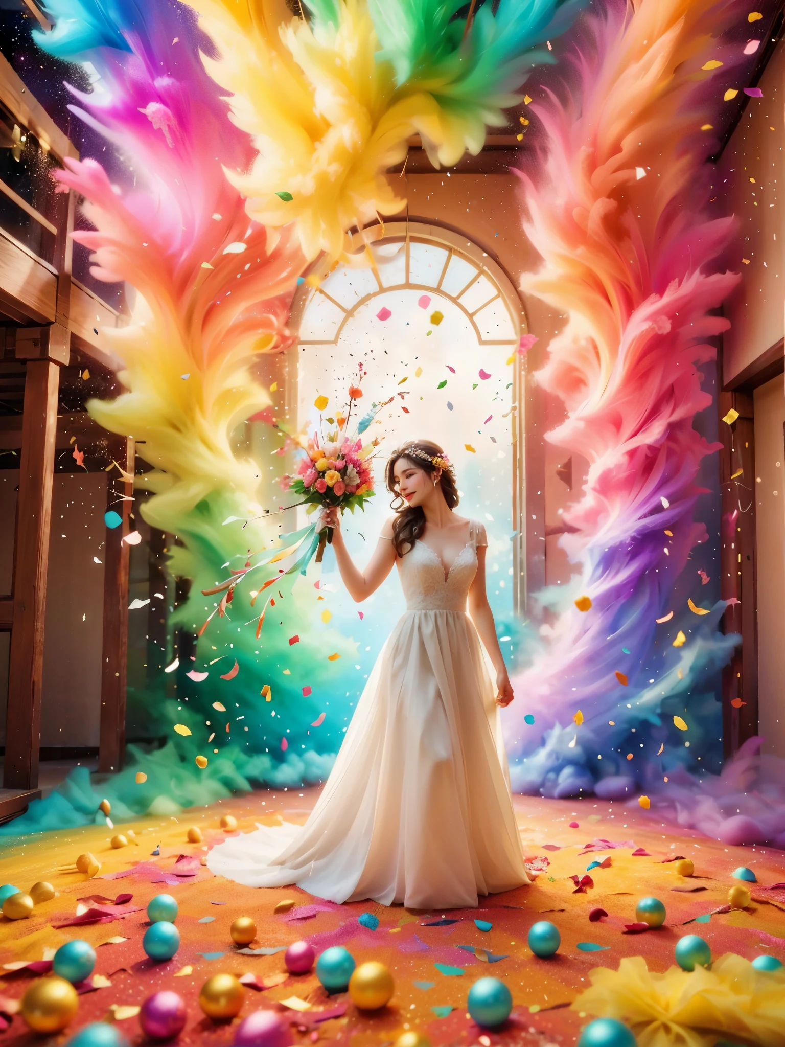 五颜六色的colorfulConfetti在阳光下飘落，在Wedding celebrations上跳舞，colorfulConfetti下雨，soft的灯光，Colorful dust floating，colorfulConfetti飞扬，celebration spray，Festive decorations，spring，bright，bright colors，kudos，Wedding celebrations，soft，Confetti，flash，vivid，hapiness，flight，happiness，Lively，airy，hope，joy，Bokeh，airy，colorful，Miracle，soft的色彩，（best quality，8k，high resolution，masterpiece） ,Super detailed