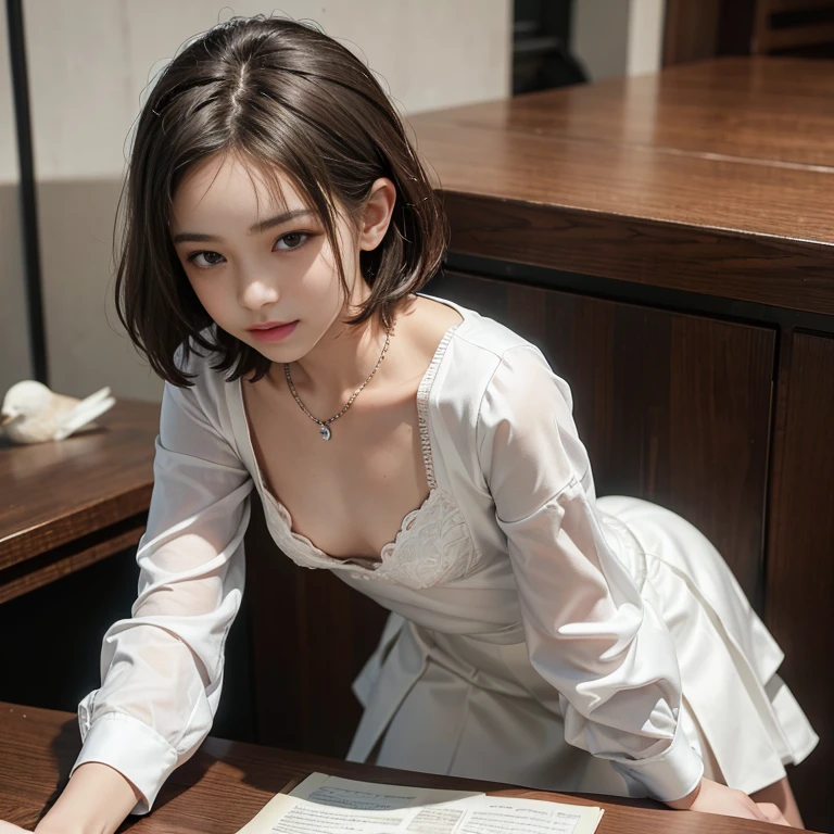 1 girl, downblouse, , munechira,(((small breasts))), looking away,leaning forward,bending over desk,signing, birds-eye view shot ,necklace ,in at wedding reception,laughing,long sleeved shirt,besides decolated detailed  loose bra within,long skirt, short hair ,8K, Best Quality, Masterpiece, Ultra High Resolution, (Realism: 1.4), Original Photo, (True Skin Texture: 1.3),close up