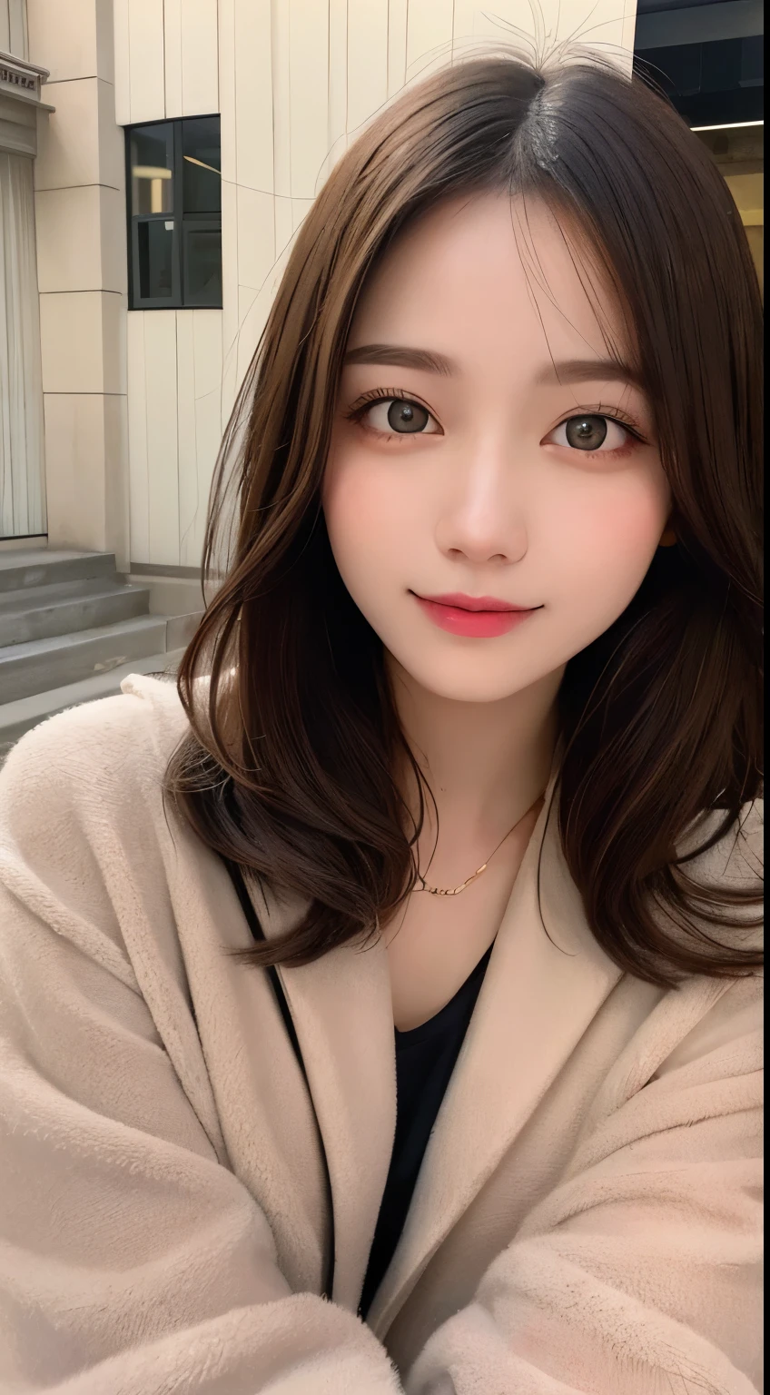 table top, highest quality, shape, Super detailed, finely, High resolution, 8k wallpaper, 完璧なダイナミックな構shape, beautiful and detailed eyes, Latest trend fashion Tokyo winter wear,medium hair, small breasts, natural color lip,smile,20 year old girl、midnight、beautiful and detailed face、perfect and beautiful face、slim face and style,spread your arms wide,Big eyes,Take a photo from below the knees at a face angle、small face、beautiful detailed face、perfect and beautiful double eyelids、luxury mink coat
