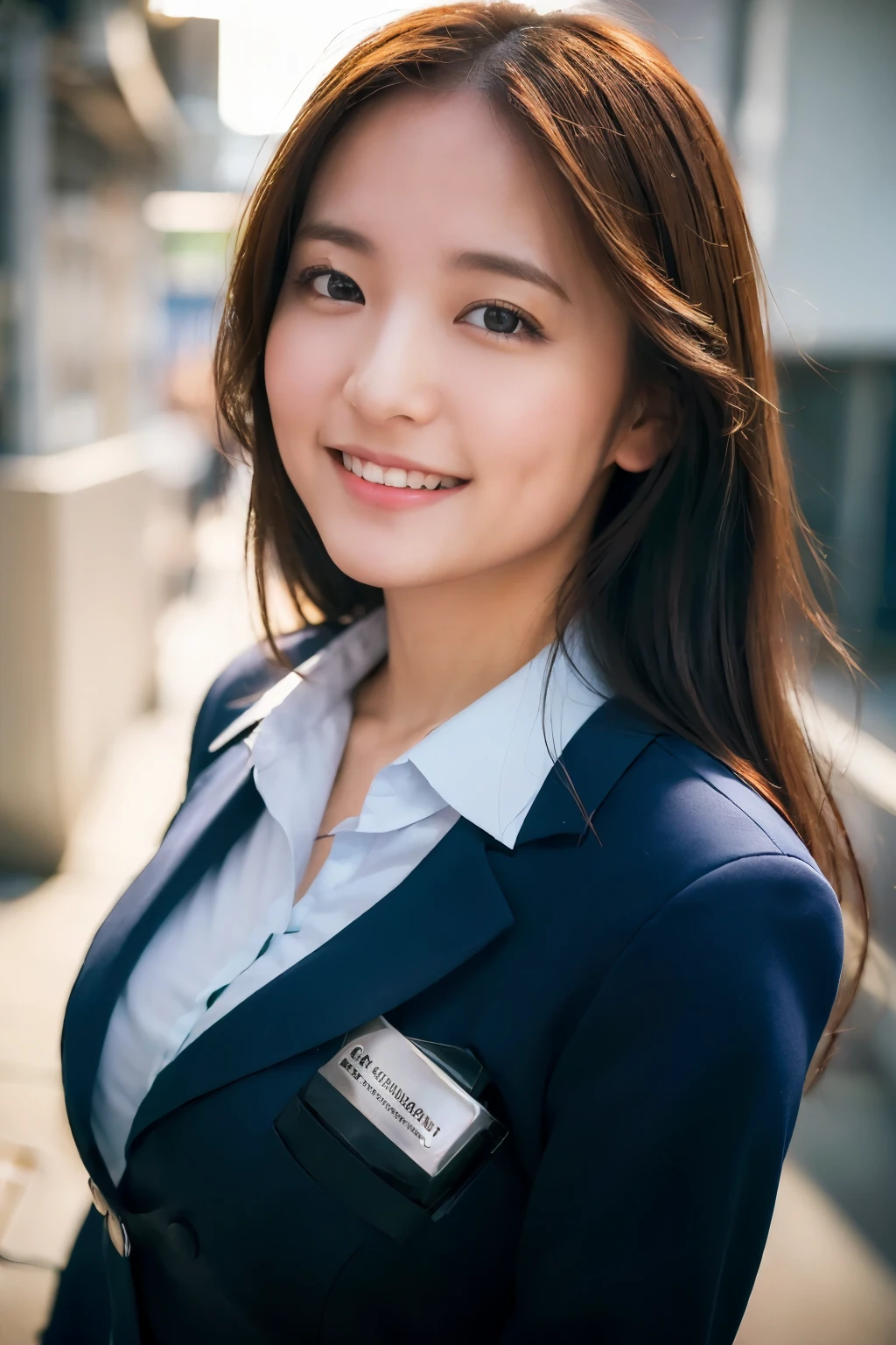 1girl, happy, smiling, (at street:1.2), ((office uniform:1.2)),night, RAW photo, (photorealistic:1.37, realistic), highly detailed CG unified 8K wallpapers, looking at viewer, (((straight from front))), (HQ skin:1.8, shiny skin), 8k uhd, dslr, soft lighting, high quality, film grain, Fujifilm XT3, ((upper body:1.6)), (professional lighting:1.6)