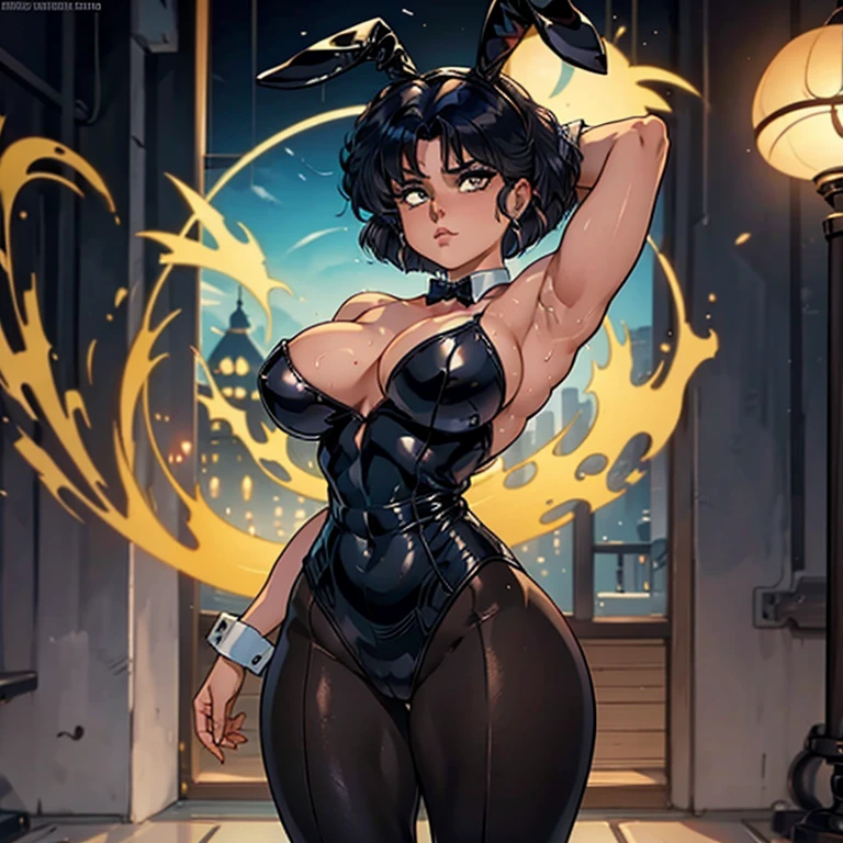 mujer madura, akaneX-09, cabello corto de xolor negro, bunny suit, pechos gigantes,( pezones marcados en el bunny suit), labios, Cara traviesa, dark brown eyes, ruborizada ,ciudad medieval, Nube, muscle, ABS, cansada, sudorosa, grueso, standing, piernas abiertas, arms up, ( wet). En un cuarto