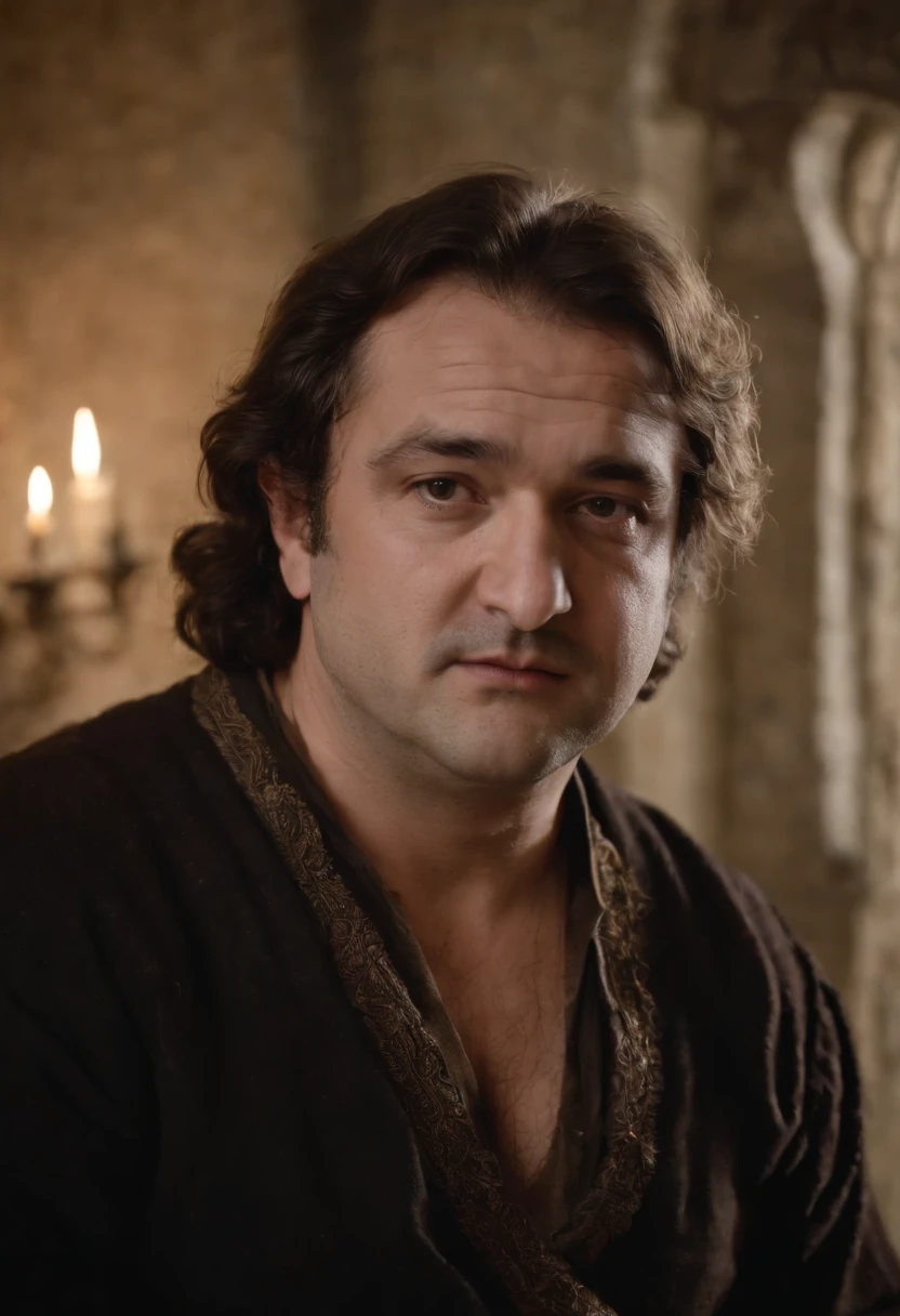 A rugged man folds his arms、surly john belushi、John Belushi、Crusty face、Profile of a man with his arms crossed、Cinematic cinematic pictures、Clothing in medieval times、indoor