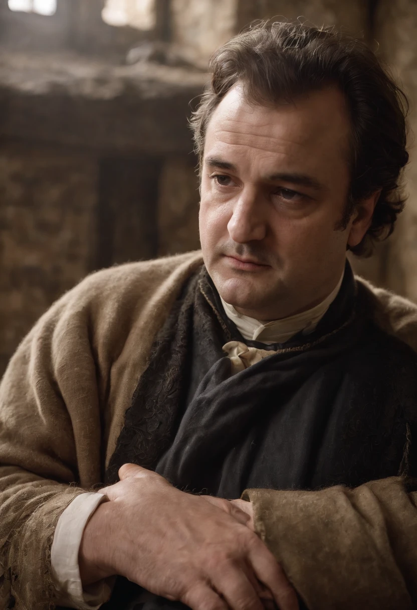 A rugged man folds his arms、surly john belushi、John Belushi、Crusty face、Profile of a man with his arms crossed、Cinematic cinematic pictures、Clothing in medieval times、indoor