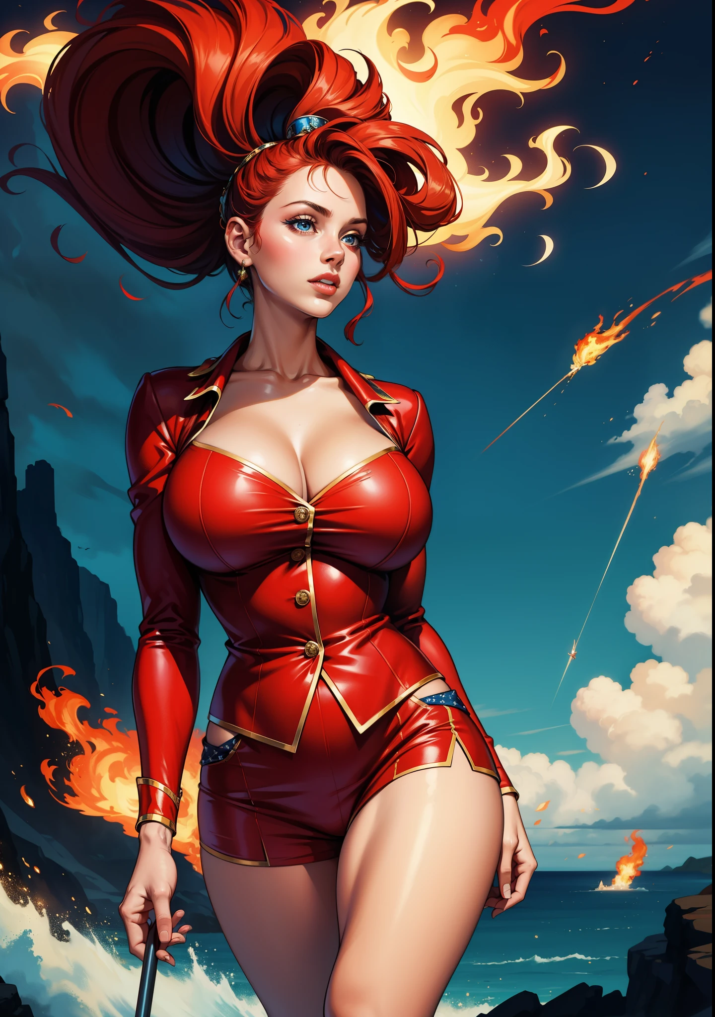 (best quality, highres, masterpiece:1.2), ultra-detailed, realistic:1.37, sexy big breasted woman, blue and white and red clothing, a flag on fire in her hand, portraits, vibrant colors, dramatic lighting