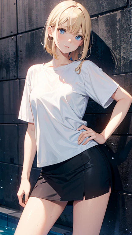 Create a photo of a realistic blonde young woman (Length to shoulder), Blue eyes and large. She was wearing a white T-shirt, crewneck, Long and short sleeves, No, She also wore a monochromatic black cotton miniskirt. She climbed out of the swimming pool, dripping wet. The T-shirt clings to her body，A bit transparent. whole body, wide angle shot.  