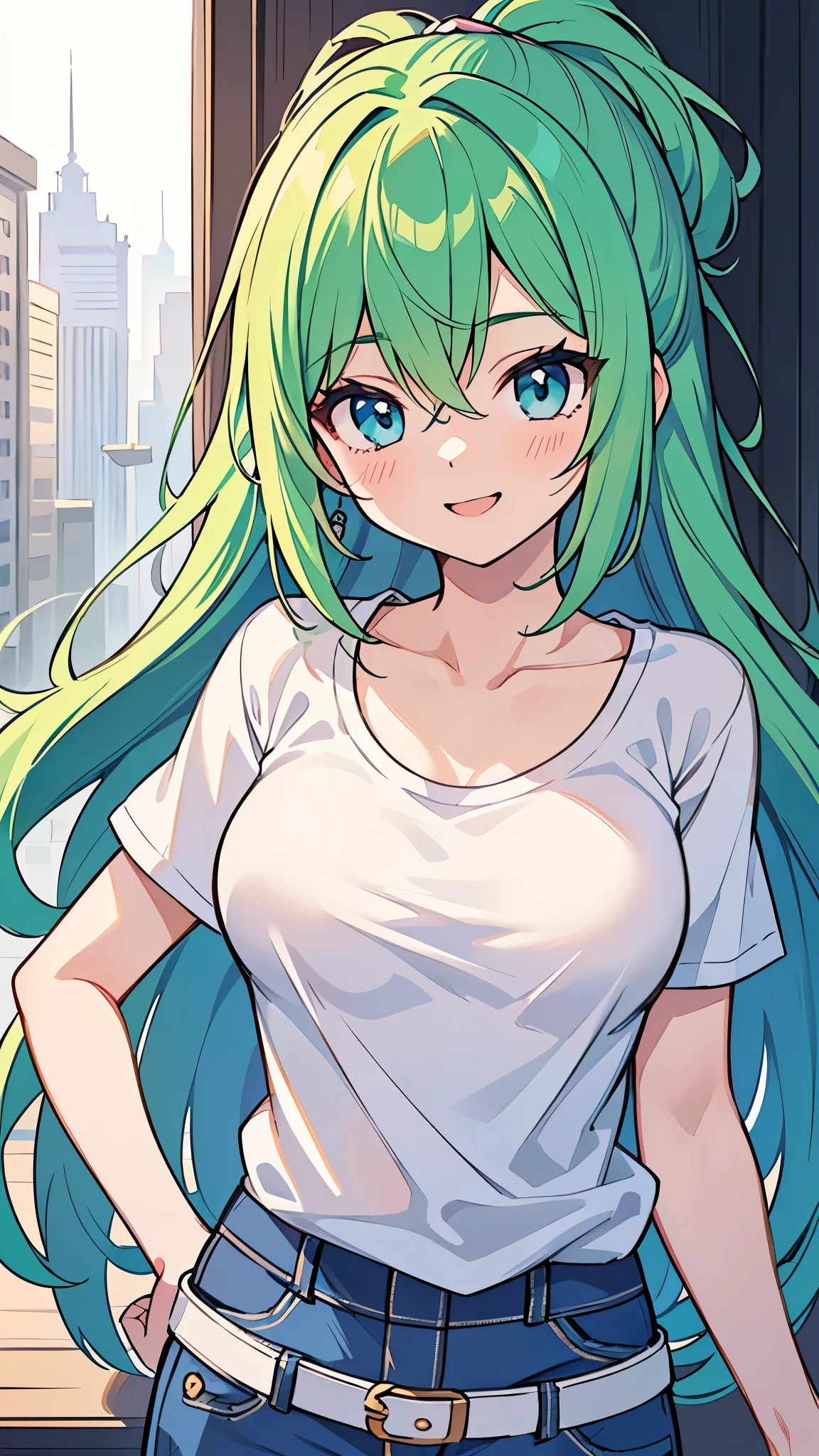 /(Girl),(anime),(young),(pretty),(super hot),(white skin color),(green eyes and long green hair),(Super beautiful), (structured body), (slender body), (parts of the body with super large and super hypersexual ass and breasts), (super mega large breasts),(18 year old woman), (with super mega large breasts),(Dress),+,(a super tight pencil style denim skirt and a super sensual white t-shirt)