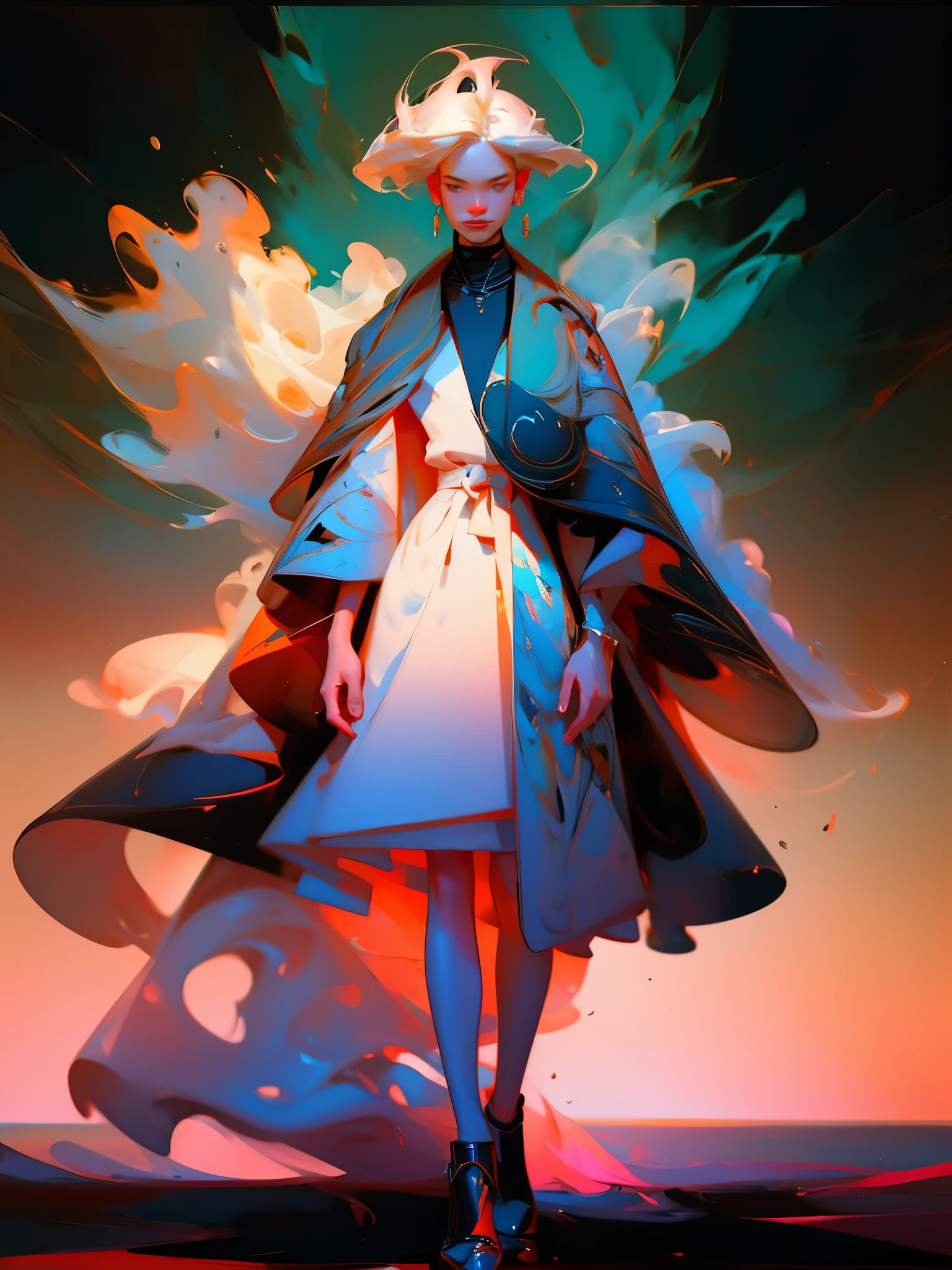 Man wearing trendy clothes, in an abstract oil painting style, fashion show, The painting is ultra-high detailed and has a resolution of 8k, showcasing the best quality and craftsmanship. The background is colorful, with a touch of fog and mist, creating a mysterious atmosphere. There is a subtle lens flare effect, adding a dynamic element to the artwork. This painting aims to be reminiscent of luxury brand advertising, showcasing the beauty and elegance of the fashion world.