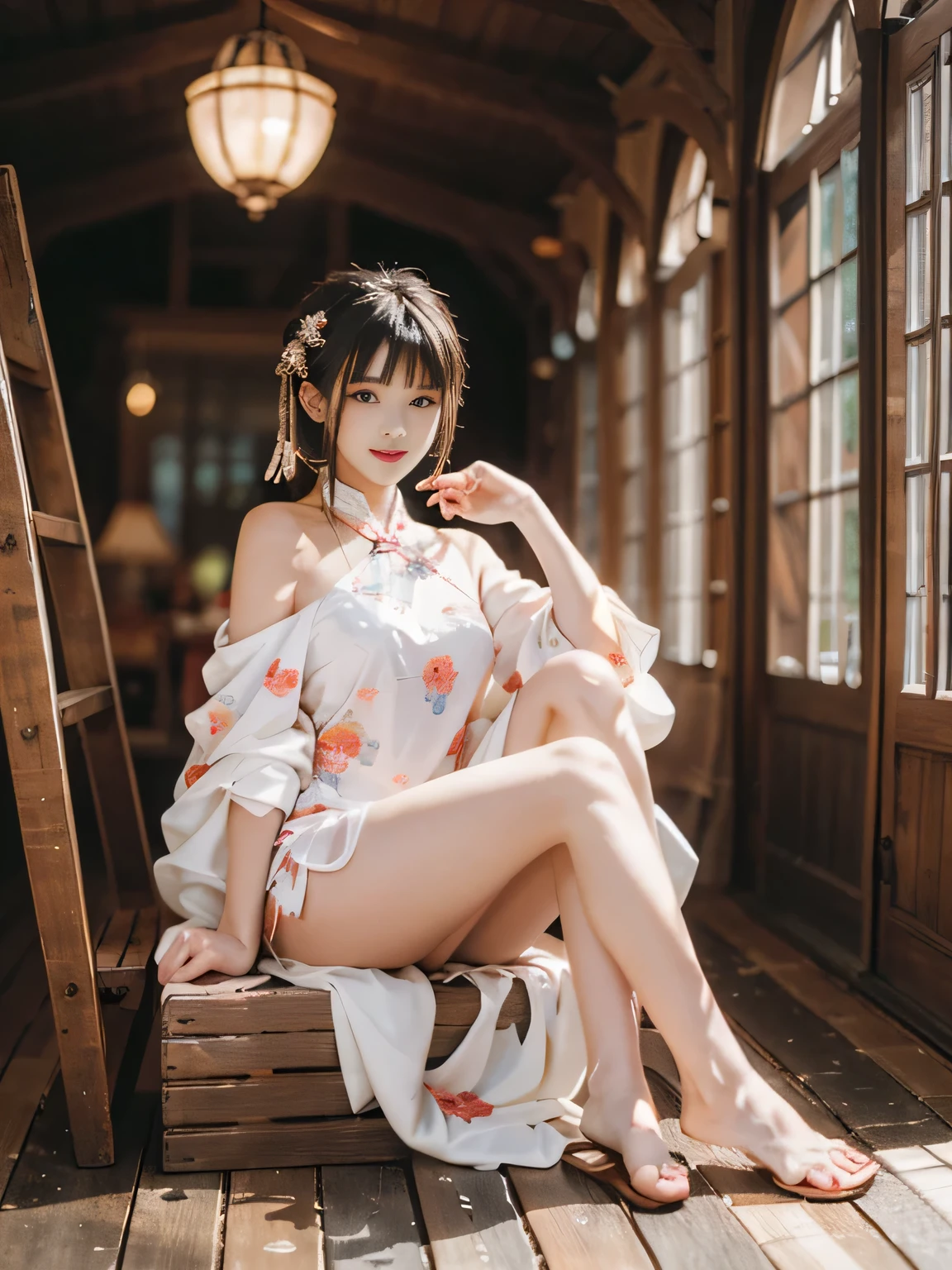 (Knee Shooting),pretty girl, sweet girl, Special clothing43,OK,cheongsam,hair accessories, In the room, Antique jewelry, sit on the chair, deck chair, cross legs, masterpiece, 最OK质量, extremely detailed description, Ultra-fine painting, delicate face, slim,grinning, sweet smile