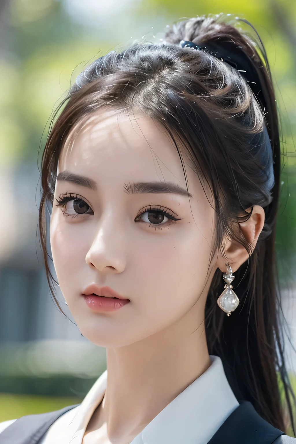 She is a beautiful Chinese girl, Exquisite facial features, It's a perfect face, wear earrings, Oval chin, beautiful features, pretty face, long bangs, ponytail, bright dark brown eyes , Fitted material, shiny skin, pretty face, deep shadow,Ray tracing, viewfinder, Scale layers, close up, Bokeh, anatomically correct, high detail, 1080P, ultra high definition