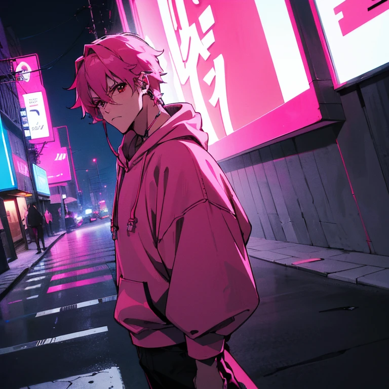 (top quality), (masterpiece), (Super detailed), (shortcut), (two block hair), (bright pink hair), (red eyes), (cool pose), (man wearing headphones), (oversized hoodie), (Street style), (neon), (modern city), (neonデイライト), (cinematic), (stylish), (High resolution), (hyper-detailed), (soft town), (Nightcore), (a handsome guy), (natural appearance of the building), (IG studio anime style), (Low - Angle), (looking at the camera), (visualize)