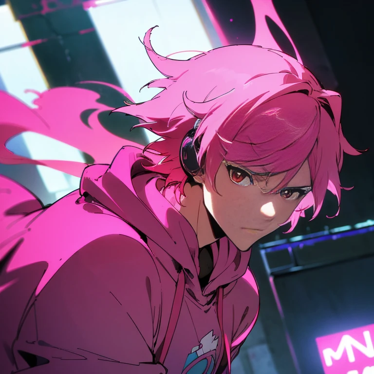 (top quality), (masterpiece), (Super detailed), (shortcut), (two block hair), (bright pink hair), (red eyes), (cool pose), (man wearing headphones), (oversized hoodie), (Street style), (neon), (modern city), (neonデイライト), (cinematic), (stylish), (High resolution), (hyper-detailed), (soft town), (Nightcore), (a handsome guy), (natural appearance of the building), (IG studio anime style), (Low - Angle), (looking at the camera), (visualize)