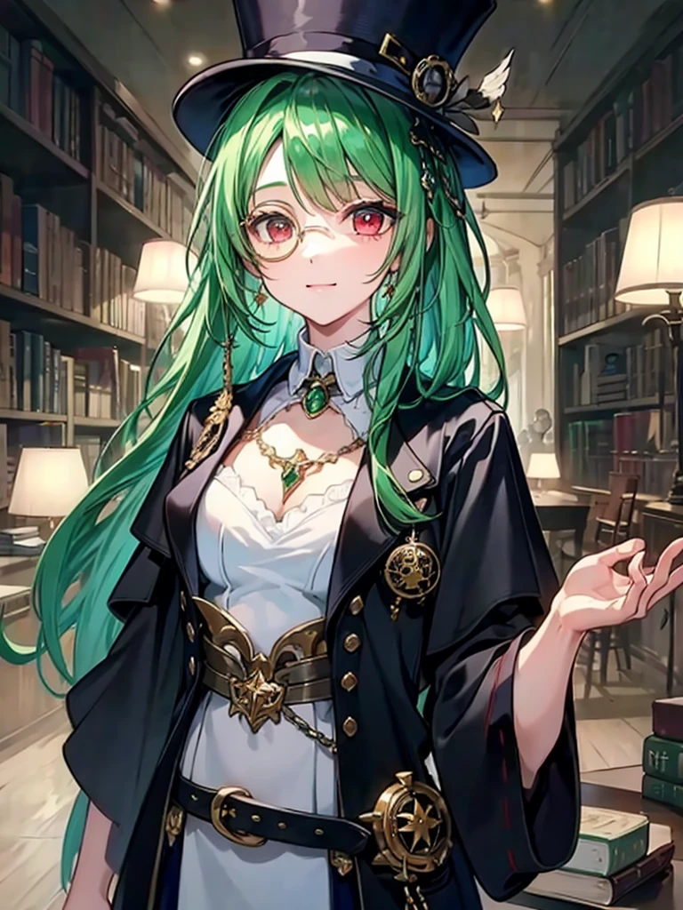 (((masterpiece、Highest image quality、highest quality、highly detailed unity 8kwallpaper)))、((Illustration of one girl、upper body))、(((beautiful girl)))、(librarian)、(Emerald green hair、messy hair、sidelocks:1.2、red eyes、crazy smile)、(((flat chest)))、(((monocle)))、pocket watch、(((Black top hat、Black tuxedo、belt)))、great medieval library、Large amount of books