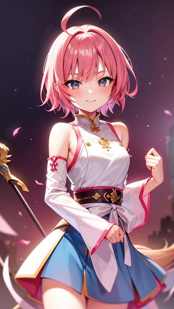 high quality, , staff, cowboy shot, pink hair, short hair, 1girl, small , silver shirt, , xiongun, khan, retro, nomads.traditional dress, white background, smile,
