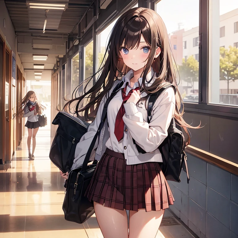 High school girl passing a heart-shaped box with both hands in the school hallway