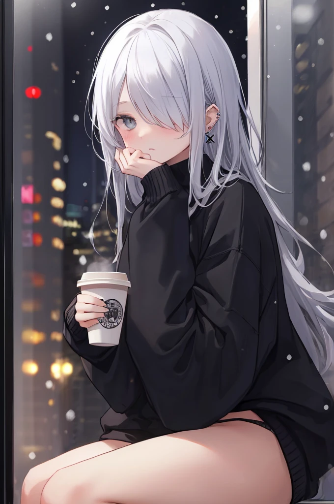 ((masterpiece:1.4, best quality:1.2)), 1girl, solo focus, beautiful skin, blush, black sweatshirt, long white hair, grey eyes, sitting, earrings, Hands on face, piercing, coffee shop window, night, snowing, cityscape, tall female, beautiful and delicate female, comfy ambience, {correct posing}, {detailed background}, I'm not wearing panties, hair over one eye, shy, Not wearing underwear, sexy