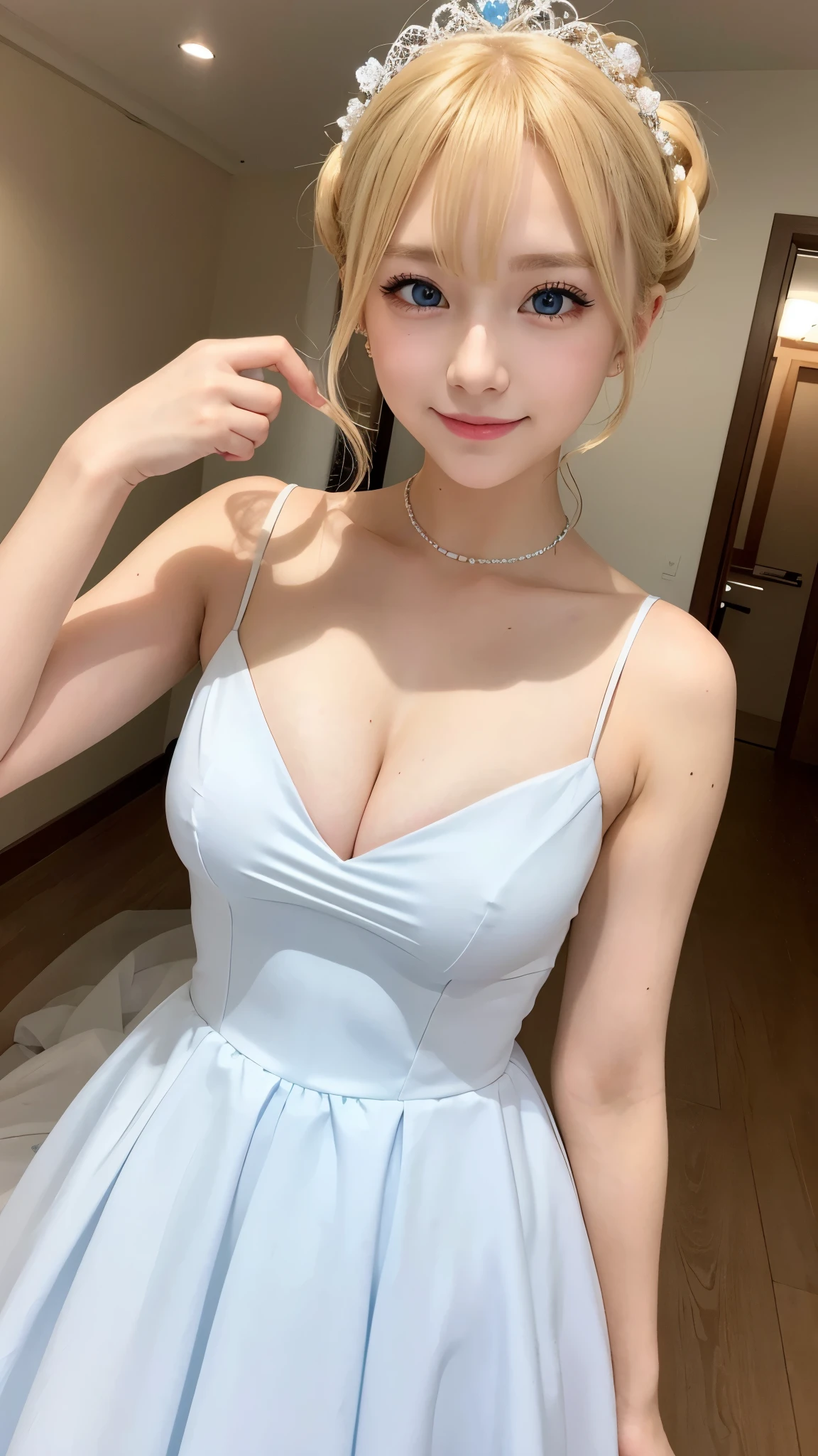 she is cosplaying as a princess、blonde short、smile、blue eyes、white prom dress、ponytail
