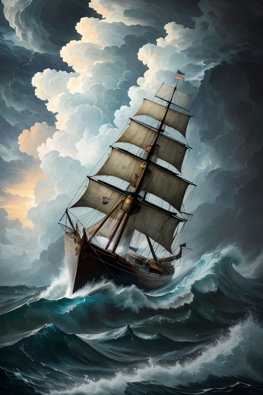 An exquisite masterpiece depicting an aged sailboat valiantly navigating treacherous waters amidst a raging storm, expertly crafted in a timeless oil painting style. The artist skillfully highlights the dynamic interplay between tumultuous waves and brooding clouds, capturing the raw intensity and profound emotion of a maritime battle against the unforgiving elements. The resilient silhouette of the weathered vessel stands tall against the tempest, a symbol of unwavering courage and indomitable spirit. This awe-inspiring artwork showcases the sheer power of nature, evoking a sense of both danger and awe as the viewer witnesses the struggle for survival unfold on the vast, tempestuous canvas.